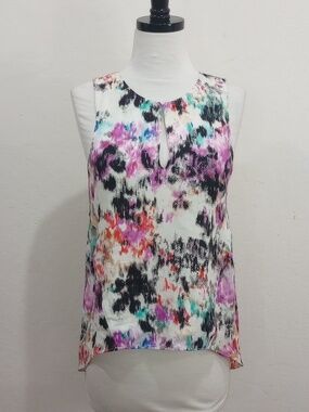 Parker Silk Watercolor Ikat Oasis Print Sleeveless Blouse, Size S
